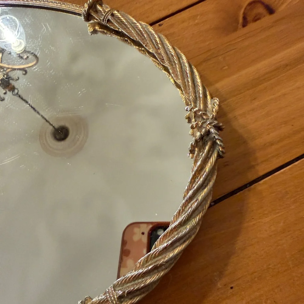 Vintage Stylebuilt Oval Mirrored Vanity Tray Organizer Rope Bow Gold Tone